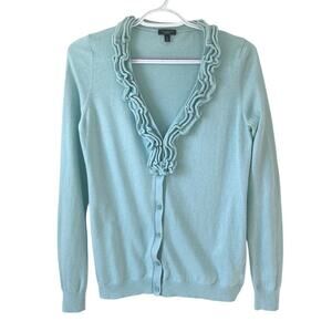 Talbots Light Blue Ruffle V-Neck Button Cardigan Sweater Cotton Blend Sz S